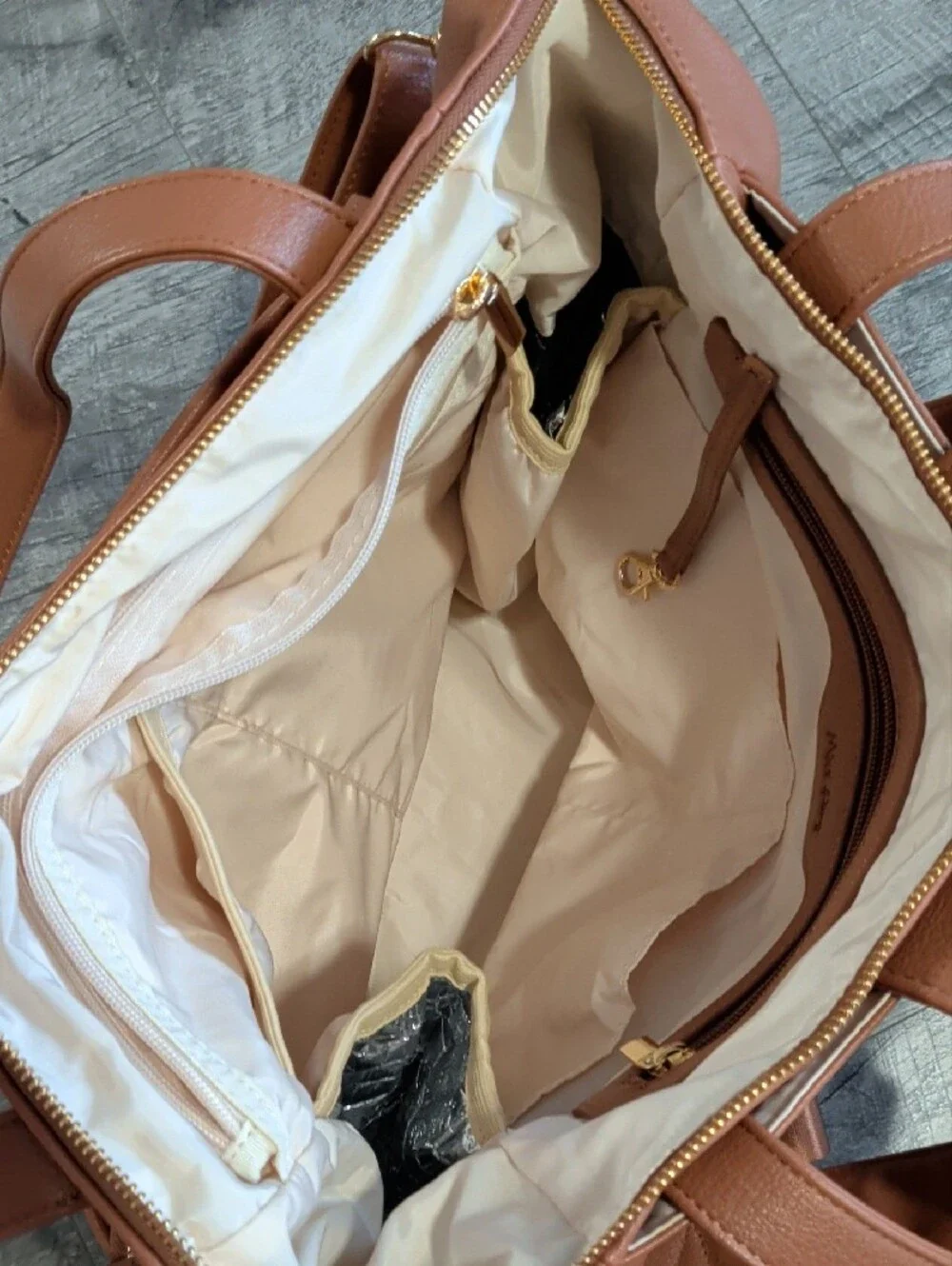 Tan Vegan Leather Baby Diaper Bag Tote Backpack with Multiple Front Pockets